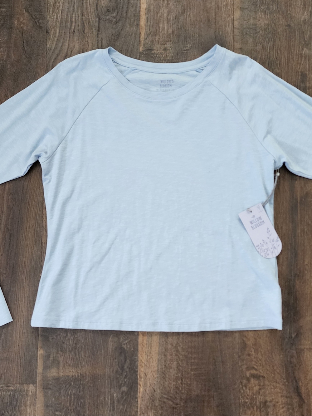 Light Blue Willow Blossom Long Sleeve Women's Top - Soft Crew Neck
